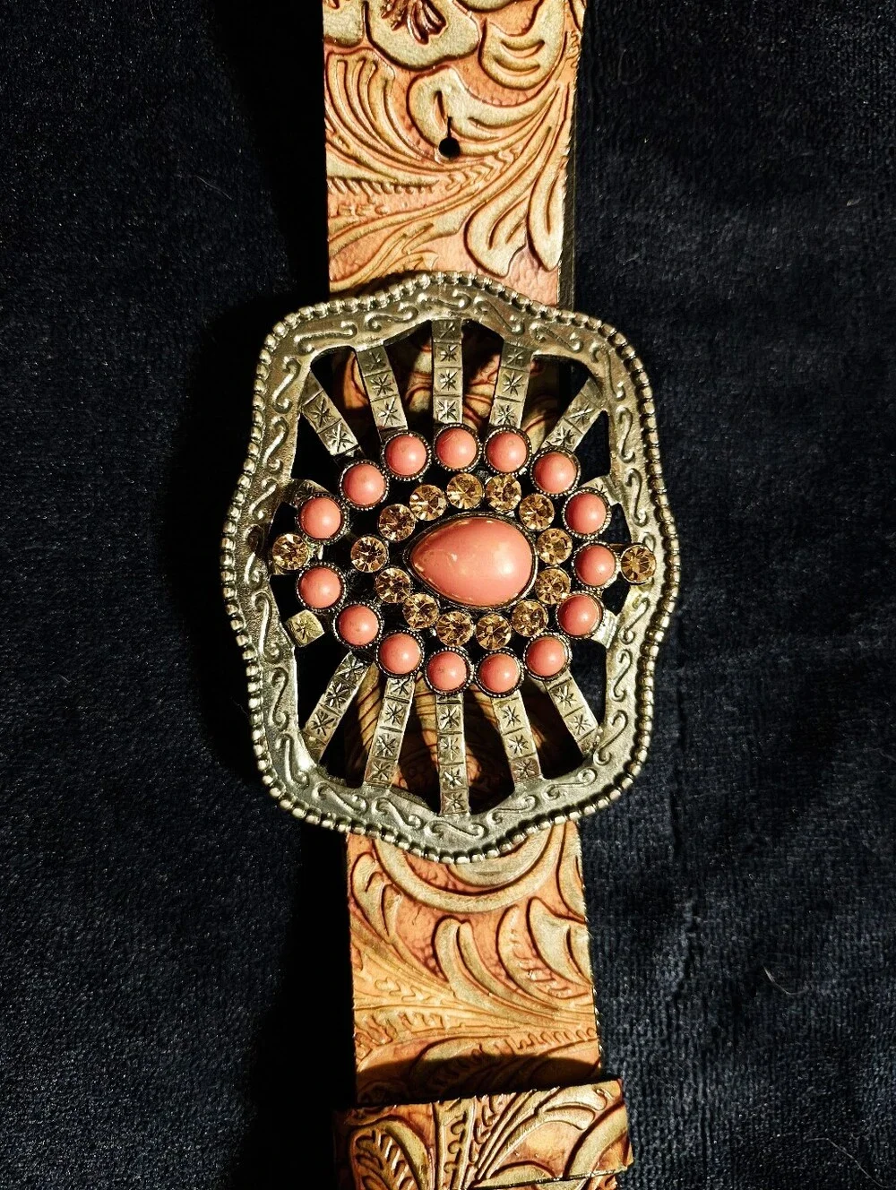 Vintage 90s Streets Ahead Leather Belt Large Western Tooled Coral Rhinestone